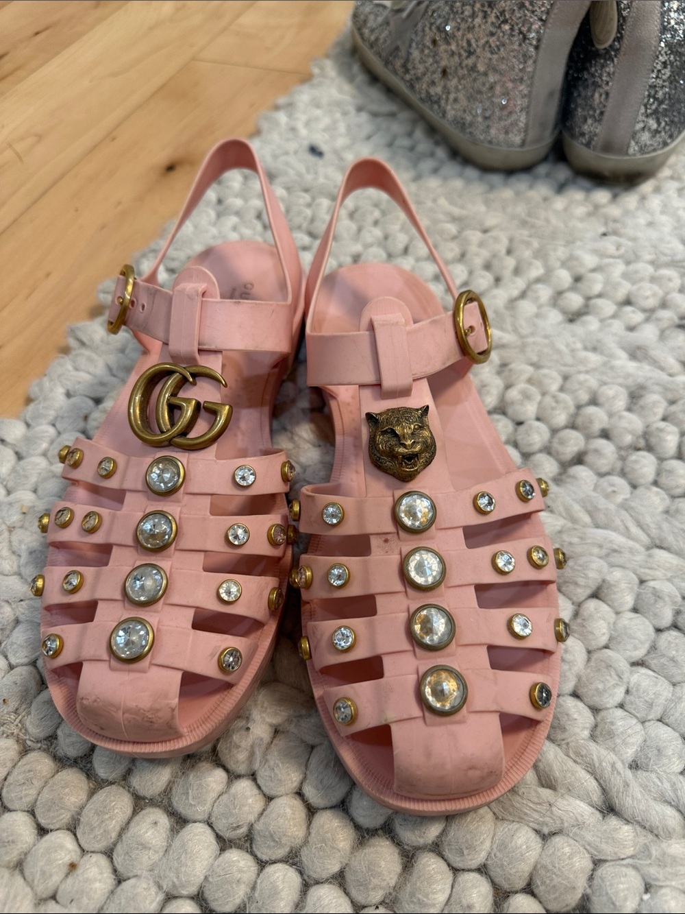 Gucci Pink Jelly Crystal-Strap Sandals